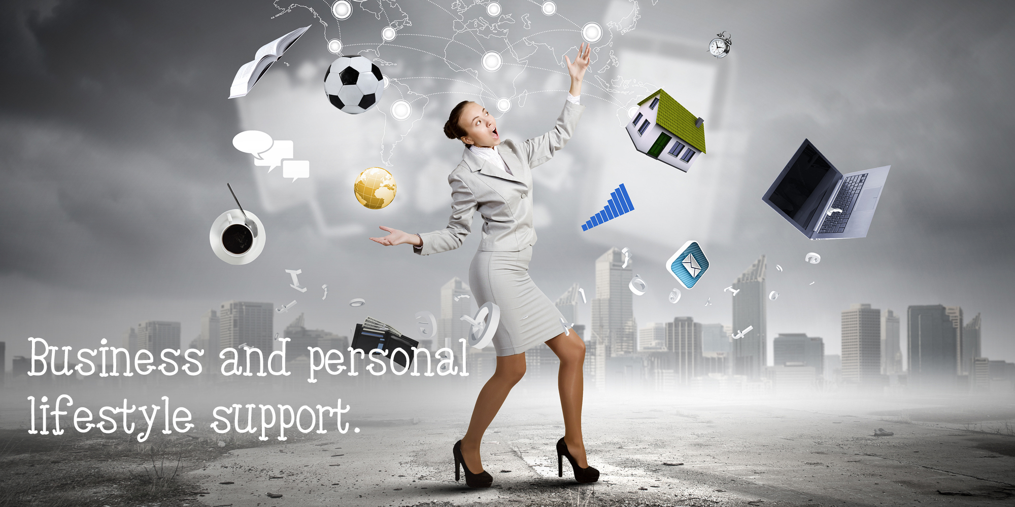 Young pretty businesswoman juggling with white balls